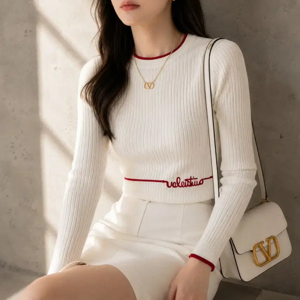 [BUNJANG] Valentino Embroidered Logo Red Line Rib Knit Top / 발렌티노 로고 자수 레드 라인 포인트 리브 니트 상의 ~55반