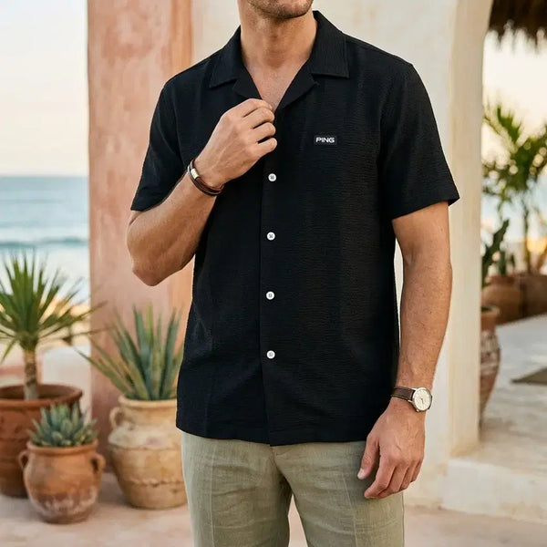 [BUNJANG] Black Short-Sleeve Open Collar Shirt (Size 95-100) / 핑 블랙 반팔 오픈칼라 셔츠 95-100
