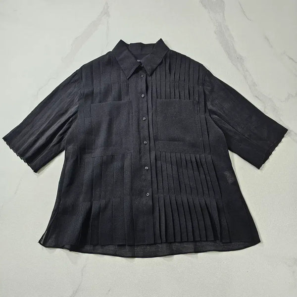 [BUNJANG] System Black Short Sleeve Blouse with Pintuck Pleats and Pockets / 시스템 핀턱 플리츠 포켓 반팔 블라우스 ~F