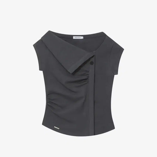 [BUNJANG] Miseki Seoul Folding Collar Shirring Top Charcoal / (새상품) 미세키서울 Folding collar shirring top