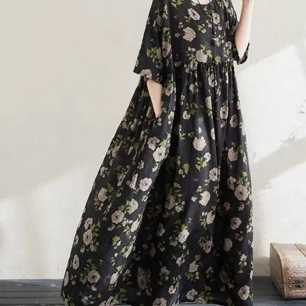 [BUNJANG] Oversized Linen Blend Printed Long Summer Dress / 오버핏 아사 나염 시원한 여름 롱 원피스