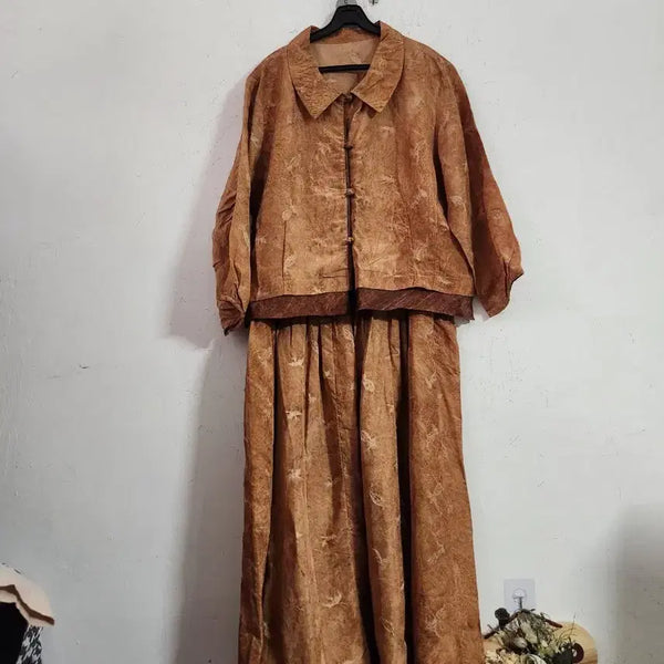 [BUNJANG] Rayon Brown Pattern Jacket Skirt Set / 인견.브라운 패턴 자켓 스커트 세트