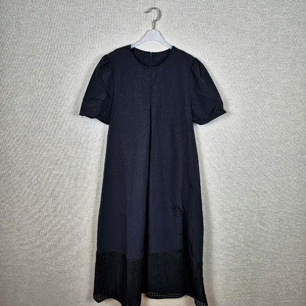 [BUNJANG] Cotton Blend Black Lattice Sheer Long Dress / (#55,66추천)면혼방 블랙 하단격자 시스루 원피스