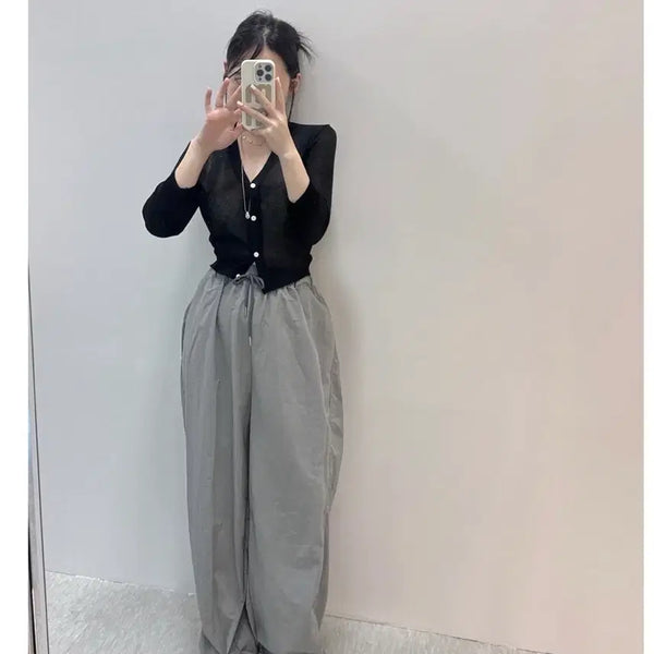 [BUNJANG] Nylon String Jogger Wide Pants Charcoal Khaki / 바스락 나일론 스트링 조거 밴딩 와이드 팬츠  챠콜카키