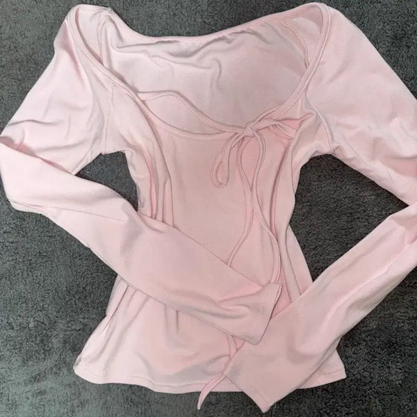 [BUNJANG] Daily Mori Girl Hime Gyaru Cool Pink Ribbon Long Sleeve Top / 새상품) 데일리 모리걸 히메갸루 쿨핑크 연핑크 핑크색 리본 긴팔 탑 상의