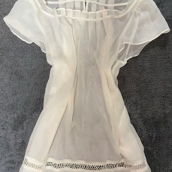 [BUNJANG] Lace Chiffon Blouse Short Sleeve Top White Ivory / 레이스 쉬폰 블라우스 화이트아이보리 반팔 블라우스 탑 상의