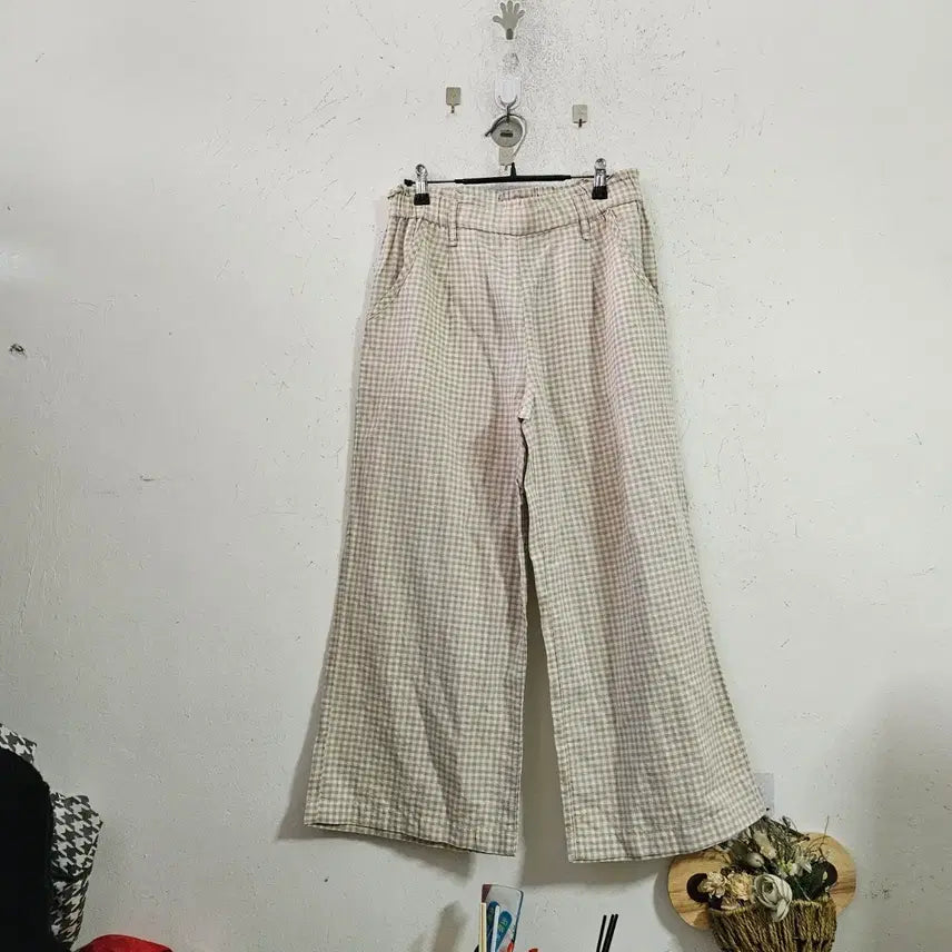 [BUNJANG] Linen Check Wide Pants / 린넨체크무늬 와이드 팬츠