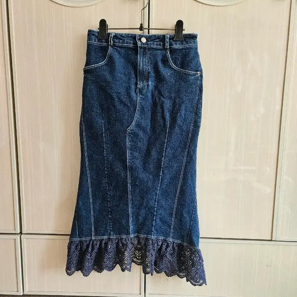 [BUNJANG] Denim Midi Skirt with Lace Detail / 청치마 데님 스커트 M