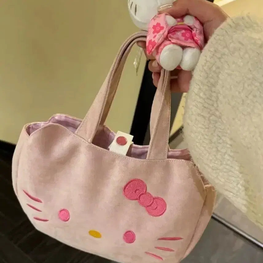 [BUNJANG] Hello Kitty Pink Suede Tote Bag with Charm / 헬로키티 핑크 스웨이드 토트백