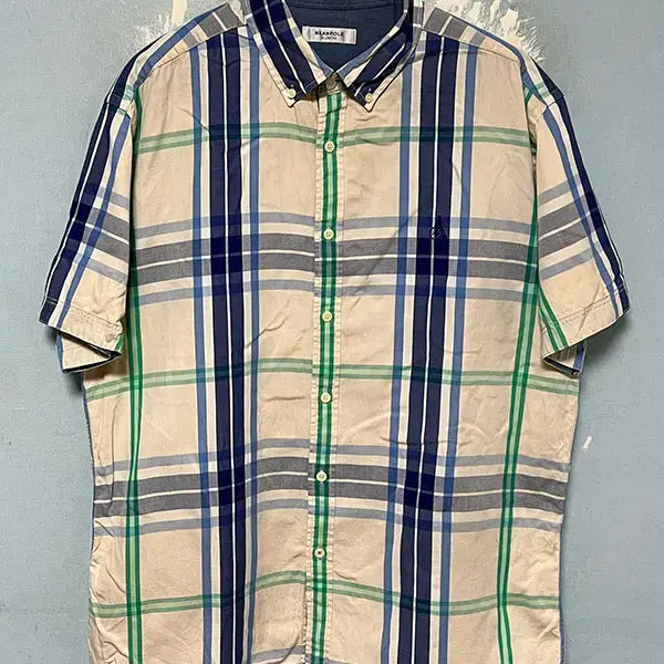 [BUNJANG] Beanpole Men's Check Button-Down Short Sleeve Shirt XXL / BEANPOLE 빈폴 남자 체크 버튼다운 반팔셔츠 캐주얼 XXL 110