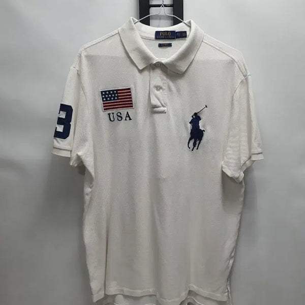 [BUNJANG] Polo Ralph Lauren Big Pony USA Flag Short Sleeve Polo Shirt White XL / 폴로 랄프로렌 빅포니 반팔 카라티 USA성조기 화이트 xl
