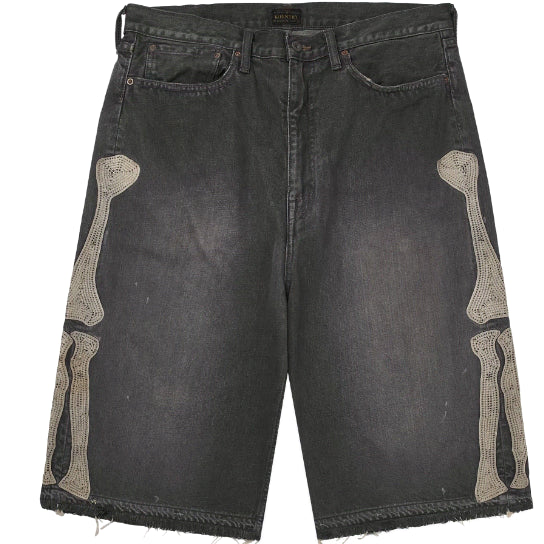 [BUNJANG] Kapital 14oz Denim 5P Embroidered Short Pants Black / 캐피탈 14온즈 데님 5P 본 자수 숏 팬츠 블랙