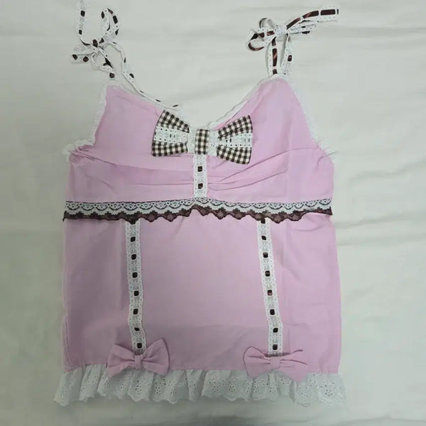 [BUNJANG] Handmade Strawberry Chocolate Ribbon Sleeveless Top / 딸기초코 리본 슬리브리스