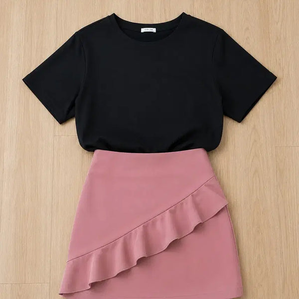 [BUNJANG] Black T-Shirt and Skirt Set / 반팔 스커트 세트