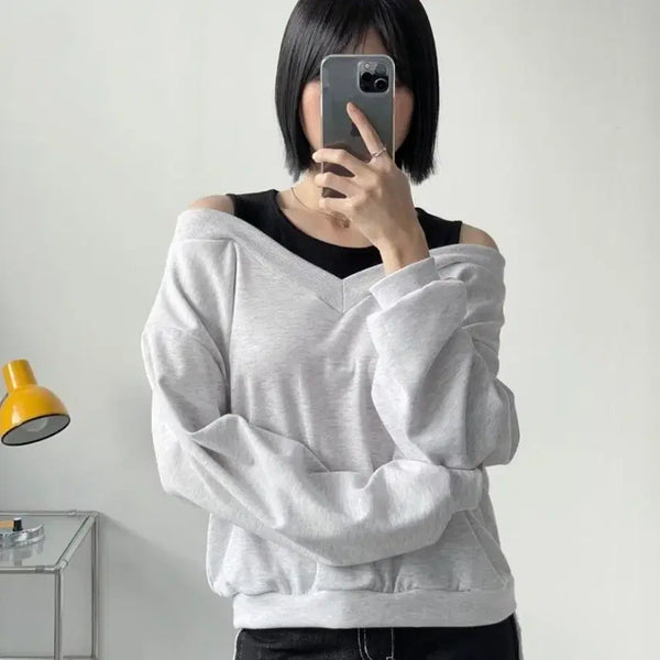 [BUNJANG] Layered Off-Shoulder Ribbed Sleeveless Plain Sweatshirt / 레이어드 오프 숄더 골지 나시 무지 맨투맨