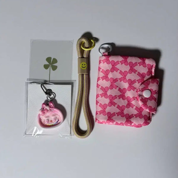 [BUNJANG] Pink Ribbon Keychain and Card Wallet Pouch Set / 핑크 리본 키링 파우치 겸 카드지갑 세트