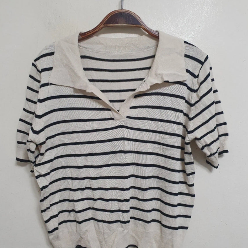 [BUNJANG] Stripe Collar Short Sleeve Knit / 스트라이프 카라 반팔 니트