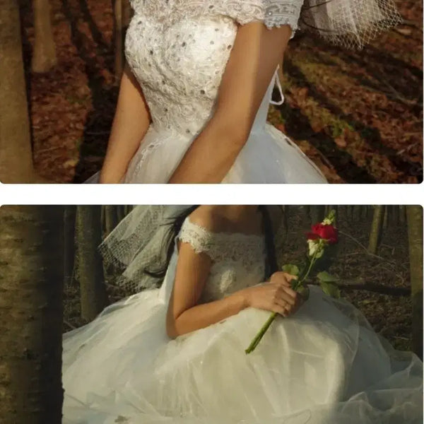 [BUNJANG] L (66) Size Off-Shoulder Lace Wedding Dress with Long Veil / 66/L 웨딩드레스+롱 베일 셀프웨딩 졸사 촬영