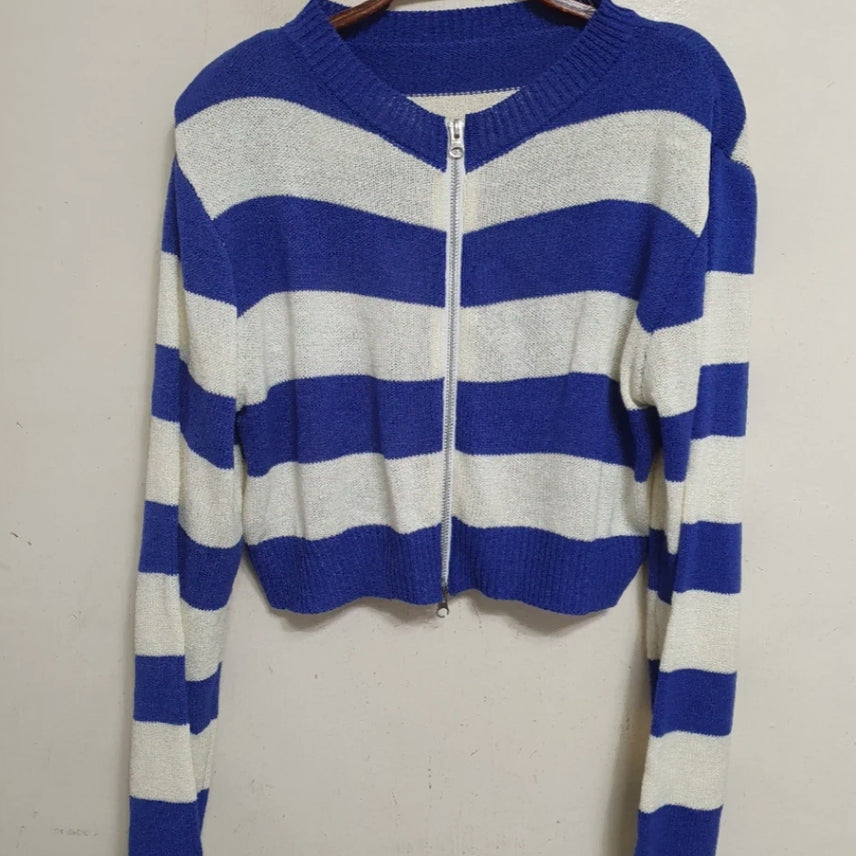 [BUNJANG] Blue Stripe Crop Knit Zip-Up / 블루 스트라이프 크롭 니트 집업