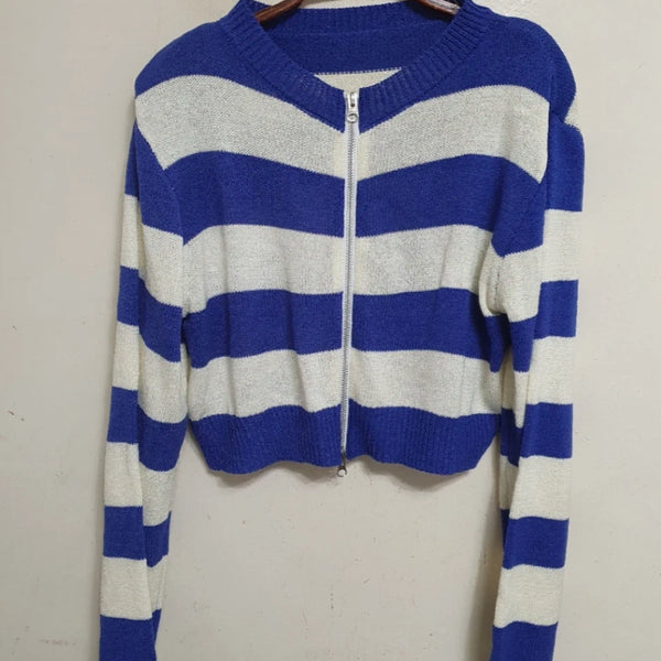 [BUNJANG] Blue Stripe Crop Knit Zip-Up / 블루 스트라이프 크롭 니트 집업