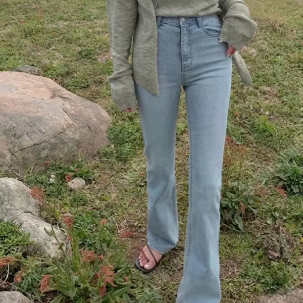 [BUNJANG] Mocobling Light Wash High-Waist Slim Bootcut Stretch Long Denim Jeans (Size S) / 모코블링 연청 하이웨스트 슬림 부츠컷 스판 롱데님 s 롱기장