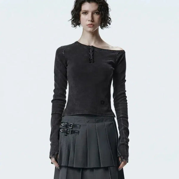 [BUNJANG] Triming Bird One Shoulder Neck Long Sleeve Charcoal / 바로배송) 트리밍버드 원숄더 넥 롱슬리브 차콜