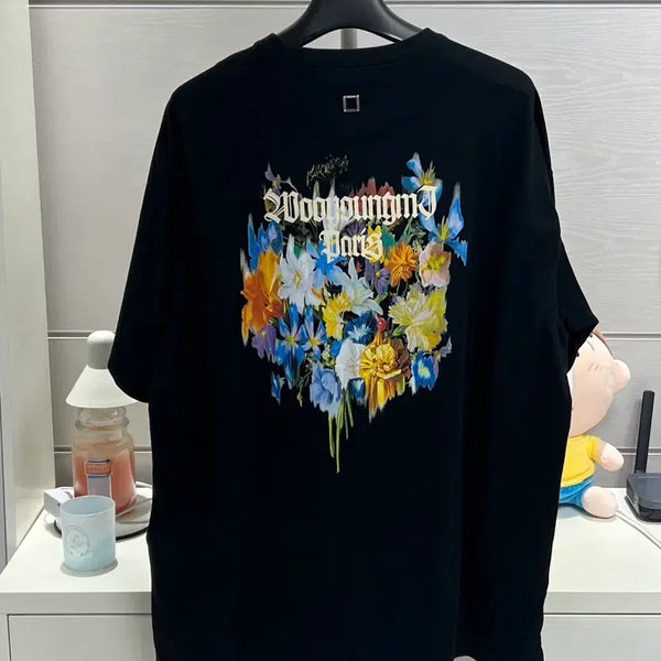 [BUNJANG] Wooyoungmi Multi-flower Short Sleeve T-shirt Black / [정품] 52(110) 우영미 멀티플라워 반팔 블랙