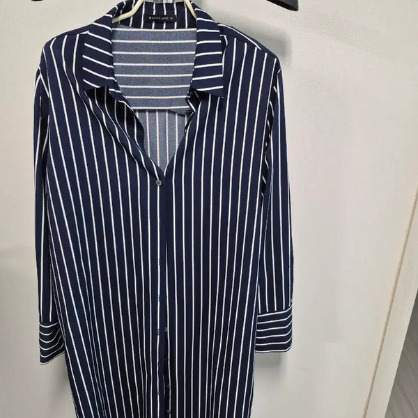 [BUNJANG] SHATRIN Navy/White Stripe Long Shirt (Size 77) / 여성샤트렌네이비/화이트 스트라이프