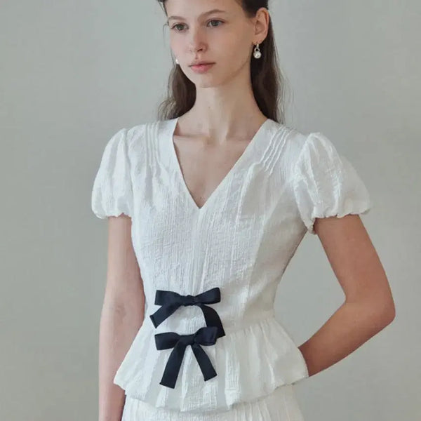 [BUNJANG] Bride And You LEYLA Peplum Ribbon Tie Blouse White Size 1 / 브라이드앤유 페플럼 리본블라우스 화이트 1사이즈