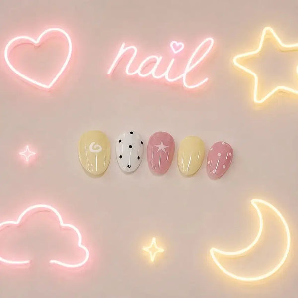 [BUNJANG] Handmade Nail Tips Yellow Pink Swirl Dot Star Design / 월드컵기간할인) 수제 네일팁