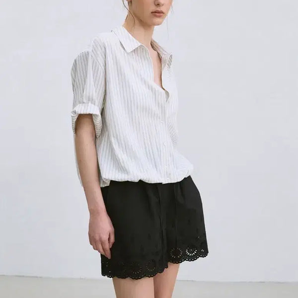 [BUNJANG] Stripe Balloon Half Sleeve Shirt (Ivory) / 스트라이프 벌룬 하프 슬리브 셔츠(아이보리)