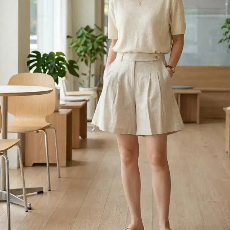 [BUNJANG] Linen Blend Flare Shorts Oatmeal / 오트밀 린넨 플레어 반바지(새옷)