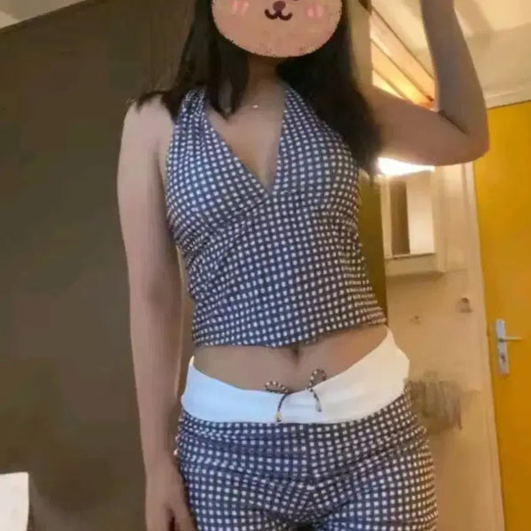 [BUNJANG] Checked Short-Sleeve Swimsuit Set / 체크무늬 반팔 수영복 세트