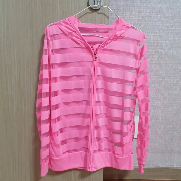 [BUNJANG] Pink Stripe See-Through Hooded Zip-Up (Size 55-66) / (55~66가능)핑크 스트라이프 시스루 후드 집업