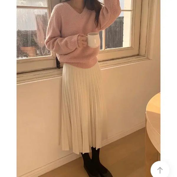 [BUNJANG] Ganae Sura Ringo Knit Pleats Skirt Cream / 가내스라 링고 니트 플리츠 스커트 크림