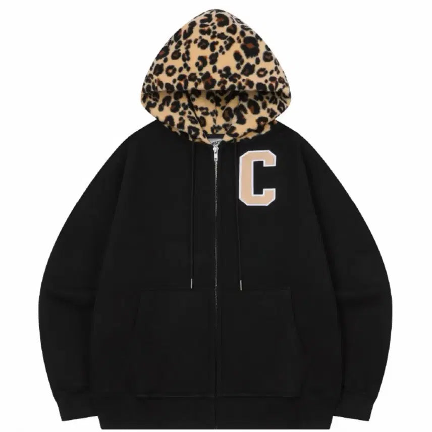 [BUNJANG] Chance Chance Leopard Hoodie Black / 챈스챈스 레오파드 후드집업 블랙