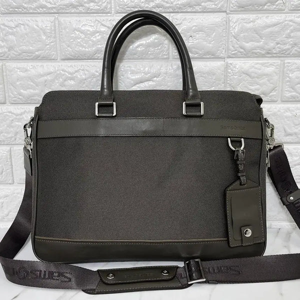 [BUNJANG] Samsonite Olive Grey Leather & Nylon Briefcase / [정품] 쌤소나이트 남성 올리브그레이 브리프케이스 서류가방