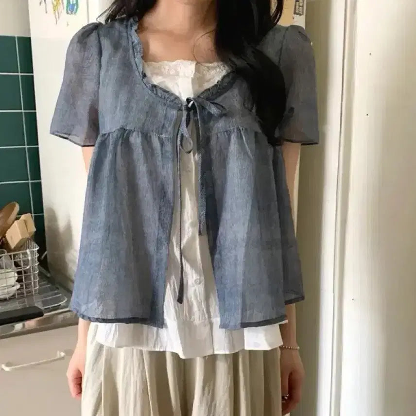 [BUNJANG] Ablie Frill Stripe Half Sleeve Blouse / 에이블리 프릴 스트라이프 일체형 반팔 블라우스 레이어드 배색 셔츠 루즈핏