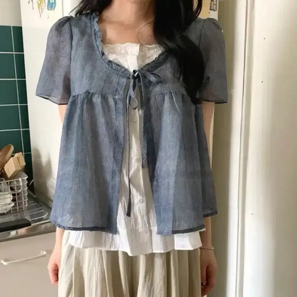 [BUNJANG] Ablie Frill Stripe Half Sleeve Blouse / 에이블리 프릴 스트라이프 일체형 반팔 블라우스 레이어드 배색 셔츠 루즈핏