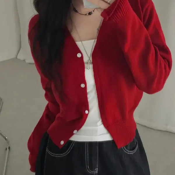 [BUNJANG] V-Neck Wool Crop Knit Cardigan Red / 코지 잘록 도톰 핏 브이넥 울 크롭 니트 가디건 레드 빨강 버건디