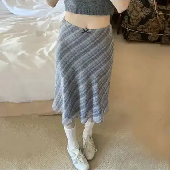 [BUNJANG] Check Pattern Chiffon Midi Skirt / 체크 쉬폰 미디 스커트