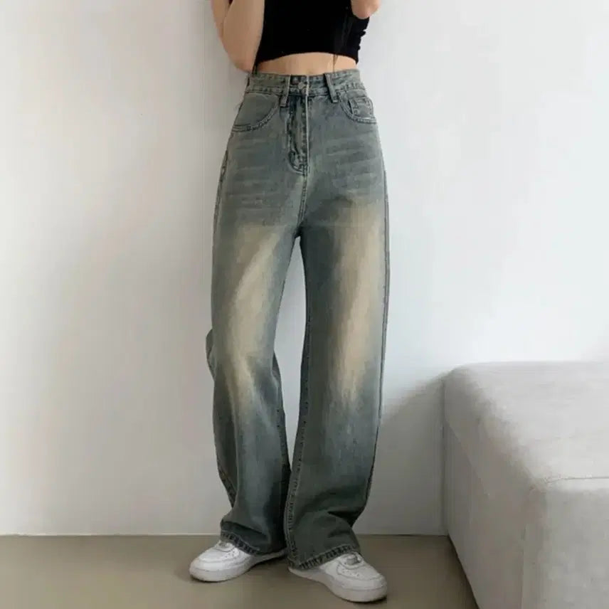[BUNJANG] Retro Washed High-Waist Wide Denim Pants (L) / 레트로 워싱 하이웨스트 와이드데님 L