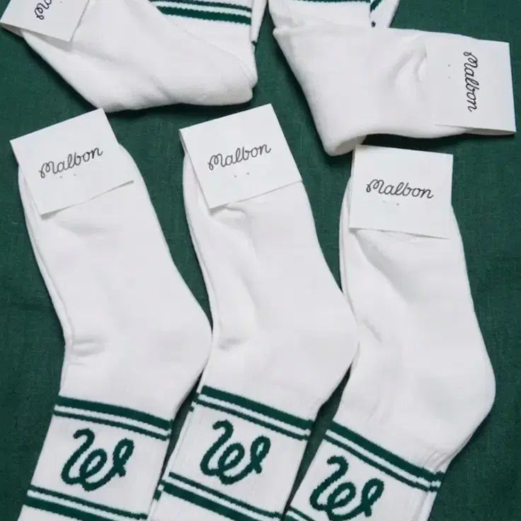 [BUNJANG] Malbon Double Cushion Mid-Calf Socks (5 Pairs) / 말본 이중쿠션 중목 양말 화이트 그린 로고 5켤레