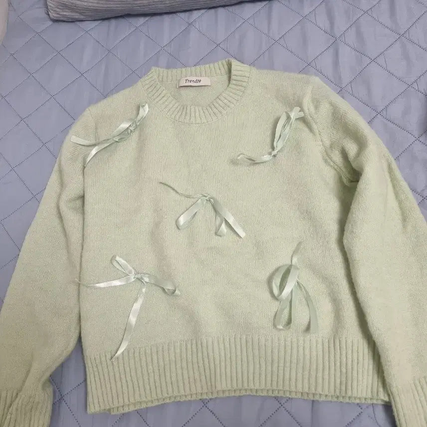 [BUNJANG] Mint Green & Lime Ribbon Knit Sweater / 민트애플라임연두색 리본 장식 니트