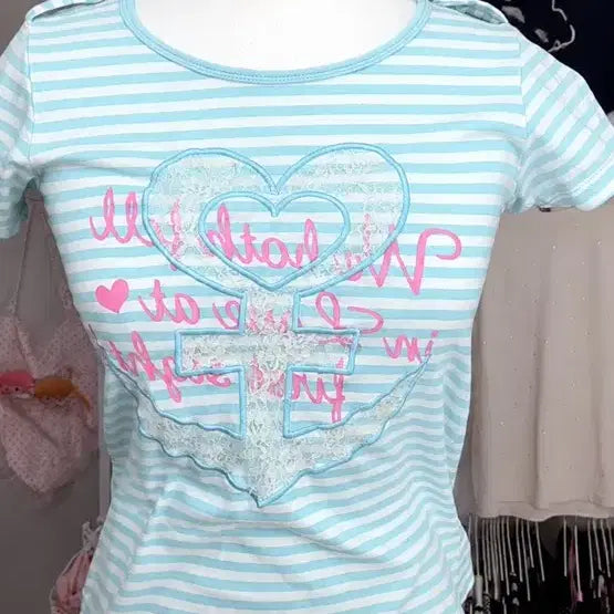 [BUNJANG] Seashell Stripe Hook Marine T-Shirt - Vintage / 민트 헤이세이깔 스트라이프 갈고리 마린깔 티셔츠 로걀 탑 빈티지 일브