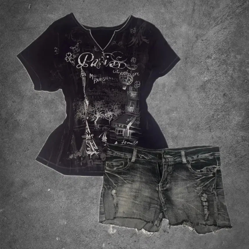 [BUNJANG] Punk Watuque Vintage T-shirt and Shorts Coordi Set / 펑크 와투케 빈티지 반팔 숏팬츠 코디셋