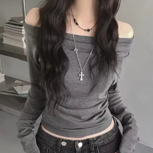 [BUNJANG] Off-the-Shoulder Long-Sleeve T-Shirt - Grey / 오프숄더 긴팔 티셔츠 그레이