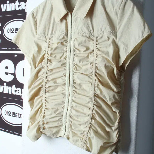 [BUNJANG] W(S-M) Nylon Shirring Short Sleeve Polo T-Shirt / W(S-M) 레이브 반팔 카라 티셔츠 셔츠 남방 나일론 셔링-7E52