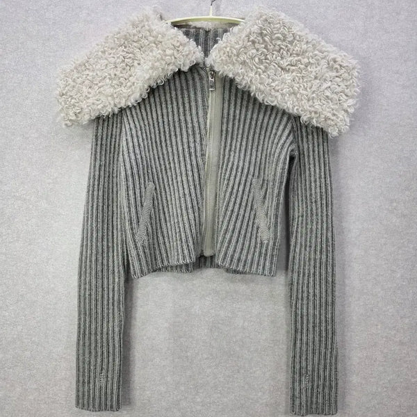 [BUNJANG] Detachable Fur Trimmed Knit Hood Zip-up Cardigan / 탈부착 퍼(Fur) 트리밍 니트 후드 집업 가디건
