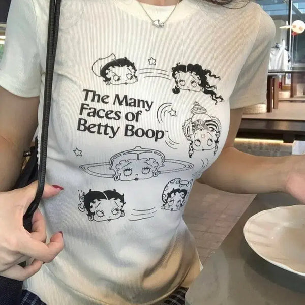 [BUNJANG] Betty Boop Frill Stretch Short Sleeve T-Shirt / 베티붑 프릴 쫀쫀 반팔 티셔츠 판매 (새상품)